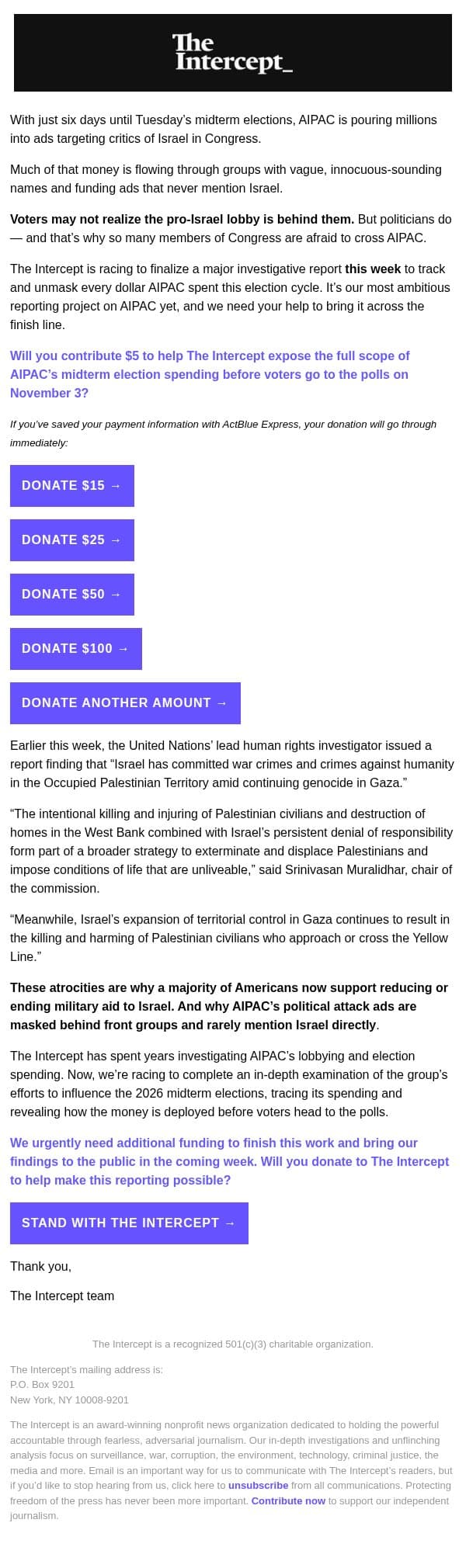 We need your help to complete this major report on AIPAC before Election Day email from The Intercept screenshot
