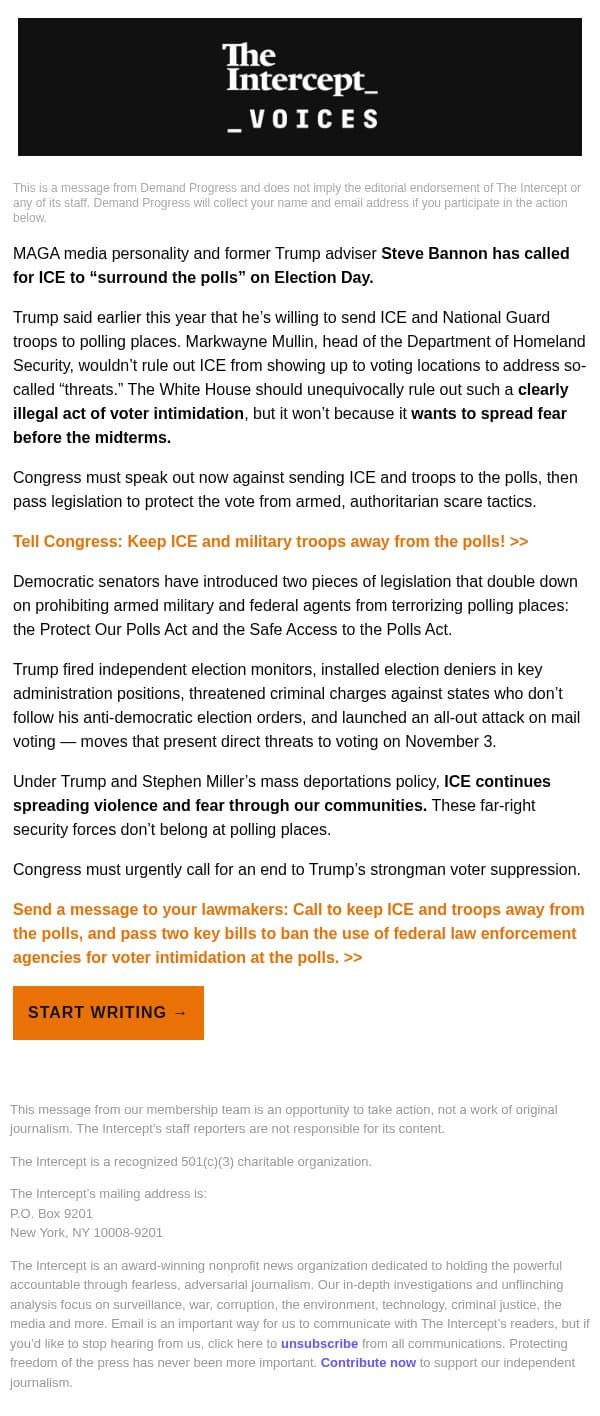 Tell Congress to block law enforcement from the polls email from The Intercept screenshot