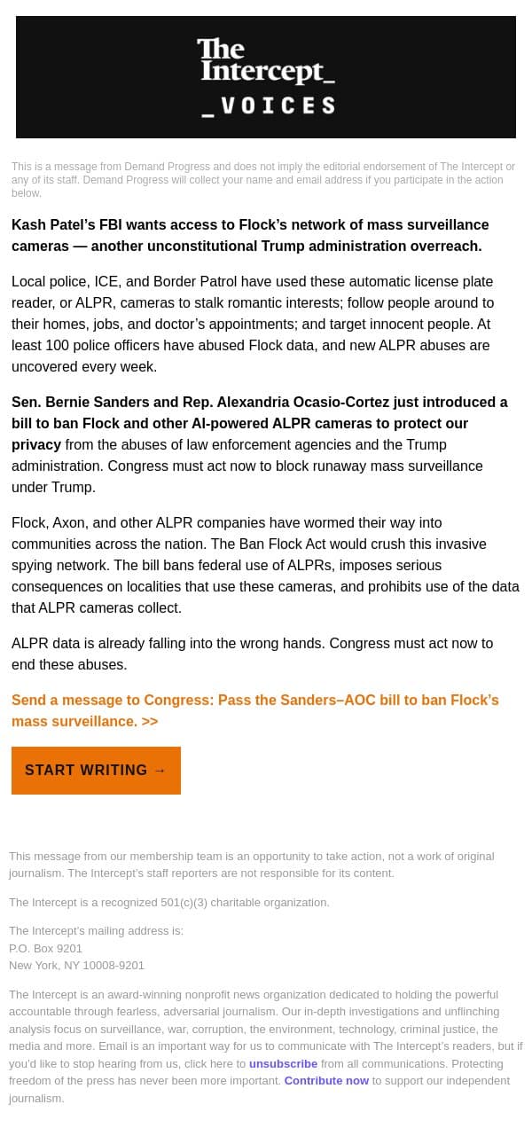 Tell Congress to pass the Ban Flock Act email from The Intercept screenshot
