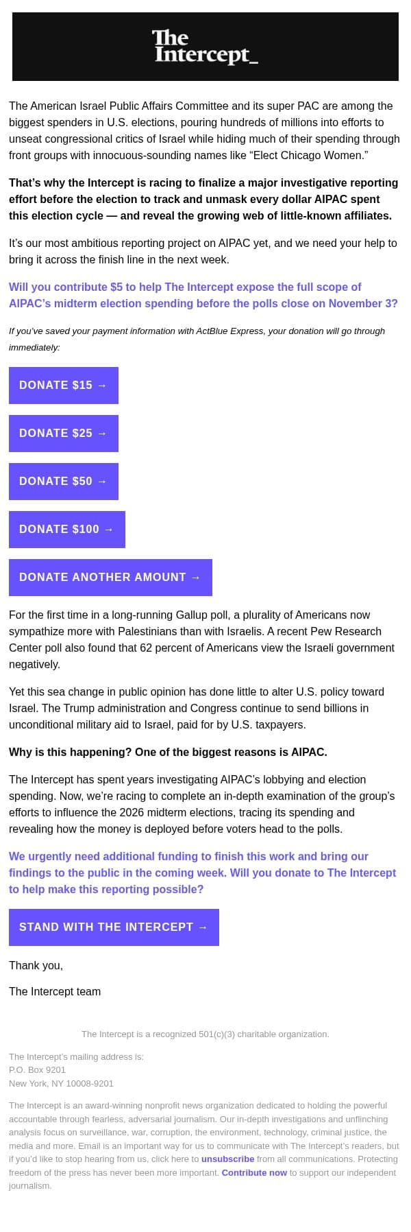 We need your help to expose AIPAC email from The Intercept screenshot