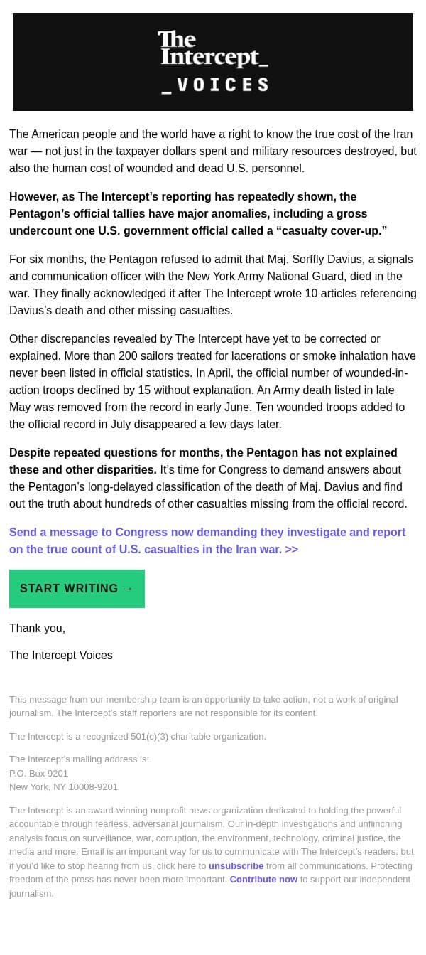 Send a letter: Congress must investigate U.S. casualties in the Iran war email from The Intercept screenshot