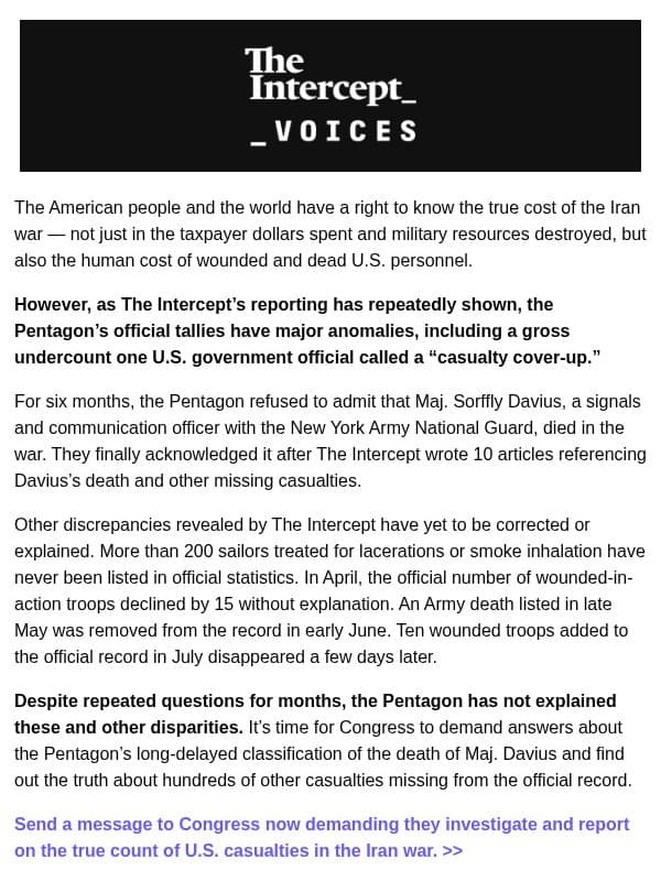 Send a letter: Congress must investigate U.S. casualties in the Iran war email from The Intercept