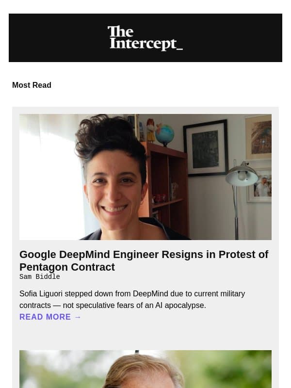 Google DeepMind Engineer Resigns in Protest of Pentagon Contract email from The Intercept