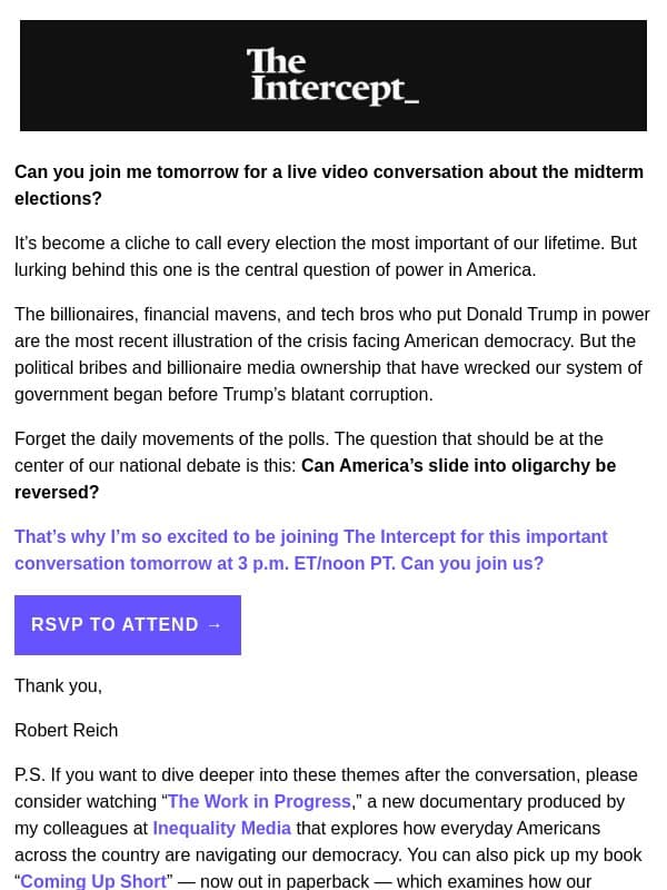 Join me tomorrow for a conversation about the midterm elections email from The Intercept