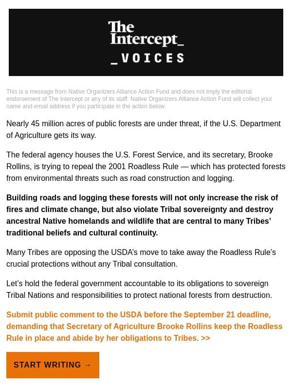 Submit a comment: Preserve the Roadless Rule email from The Intercept