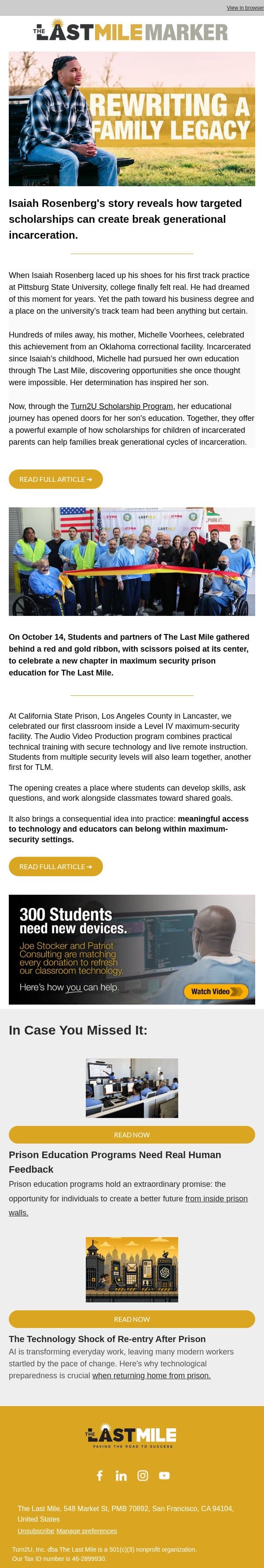 Isaiah's Story: Scholarships for Children of Incarcerated Parents email from The Last Mile screenshot