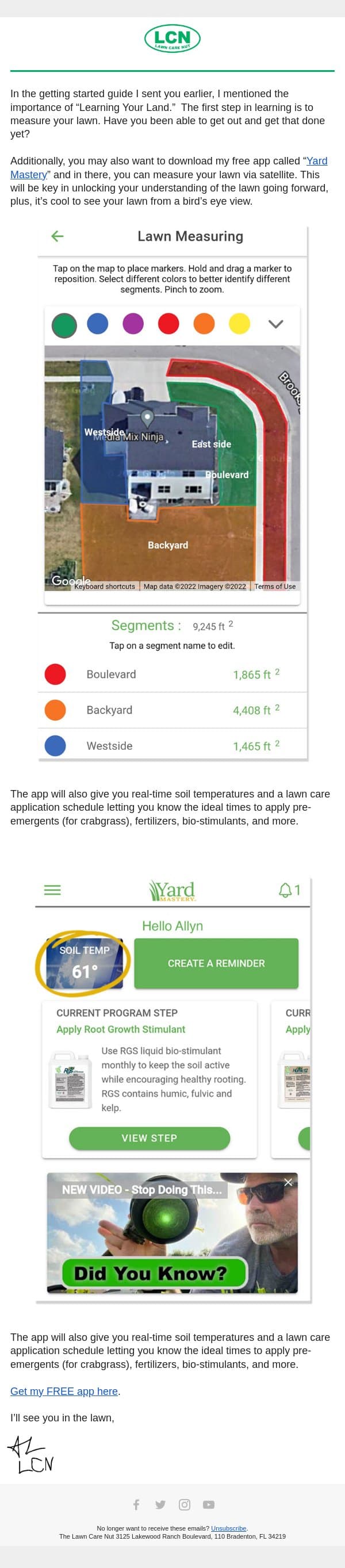 Learning Your Land email from The Lawn Care Nut screenshot