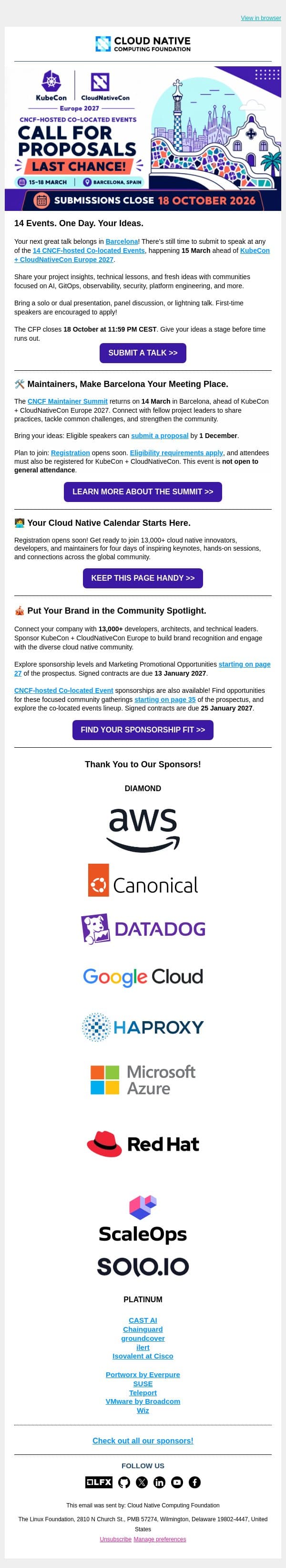 Last Chance to Speak: KubeCon + CloudNativeCon Europe 2027 Co-Located Events email from The Linux Foundation screenshot