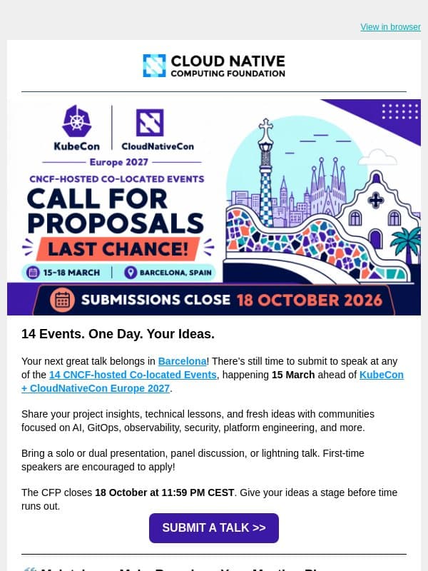 Last Chance to Speak: KubeCon + CloudNativeCon Europe 2027 Co-Located Events email from The Linux Foundation