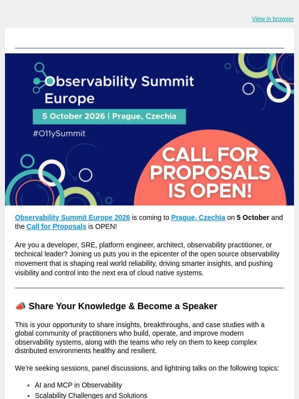 Submit to Speak at Observability Summit Europe 2026! email from The Linux Foundation