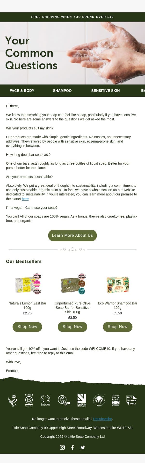 The questions we always get asked. email from The Little Soap Company screenshot