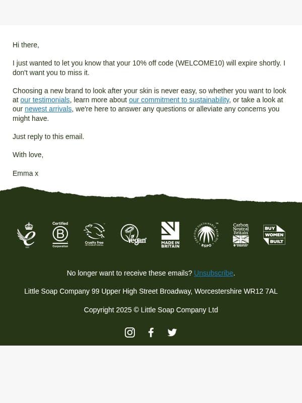 Your 10% off is about to disappear. email from The Little Soap Company