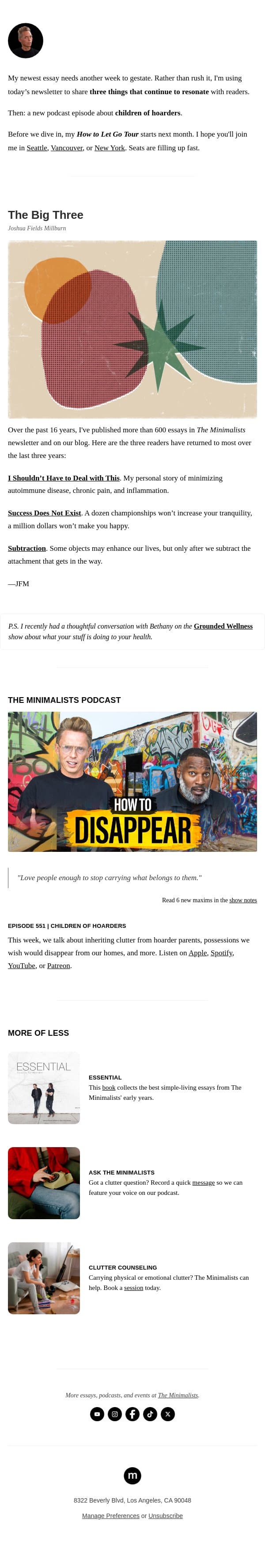 The Big Three email from The Minimalists screenshot