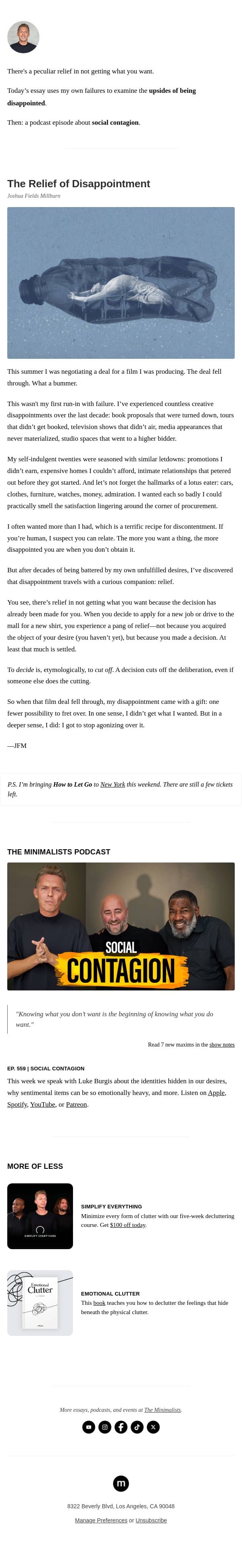 The Relief of Disappointment email from The Minimalists screenshot