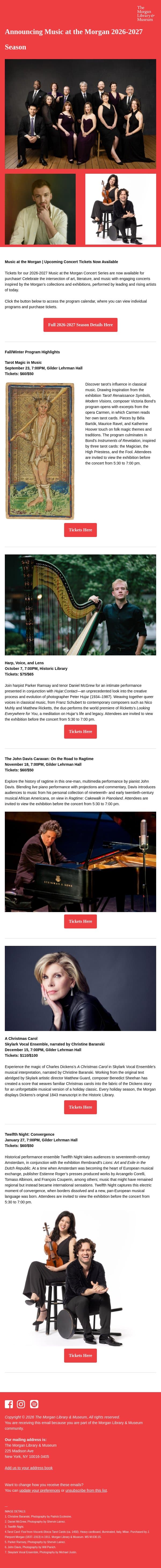 Announcing Music at the Morgan 2026-2027 Season email from The Morgan Library & Museum screenshot