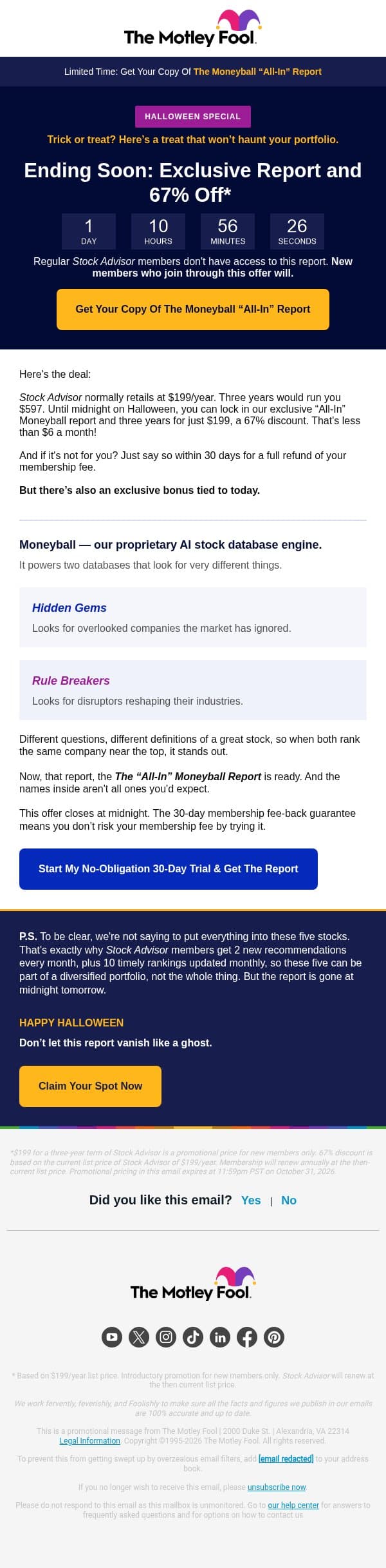The "All In" report disappears on Halloween night email from The Motley Fool screenshot