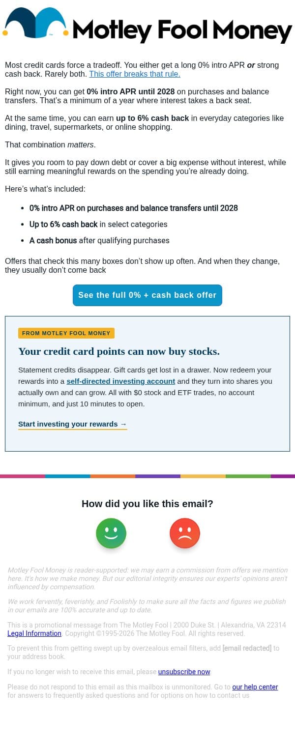 Most cards make you choose. This one doesn't. email from The Motley Fool screenshot