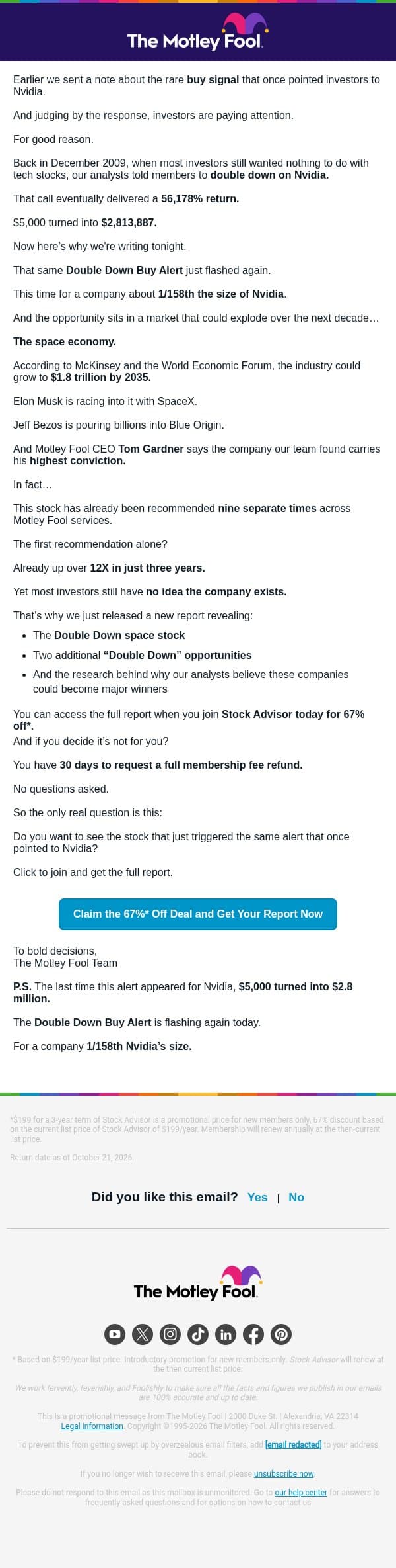 Tom Gardner's highest-conviction stock email from The Motley Fool screenshot