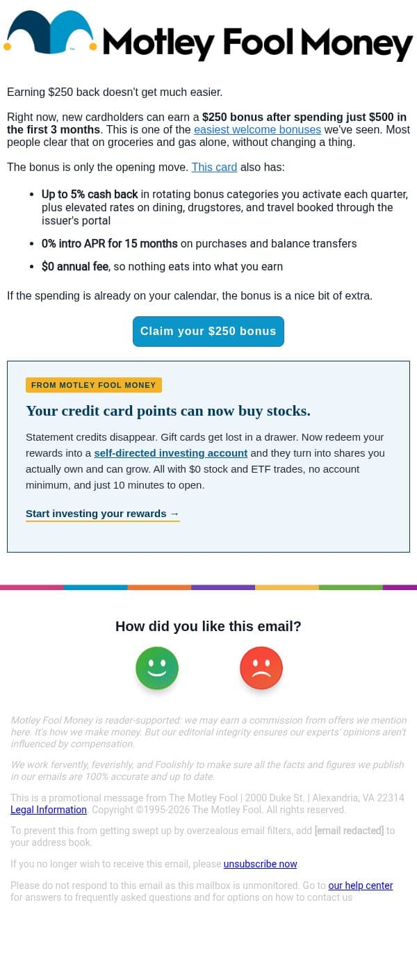 The easiest welcome bonus we’ve seen lately email from The Motley Fool screenshot