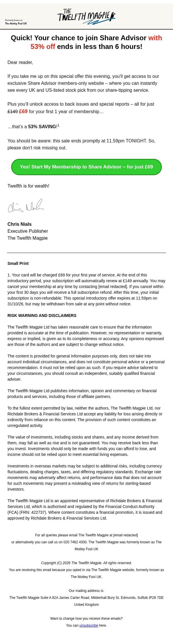Just a few hours left: Secure 53% OFF email from The Motley Fool screenshot