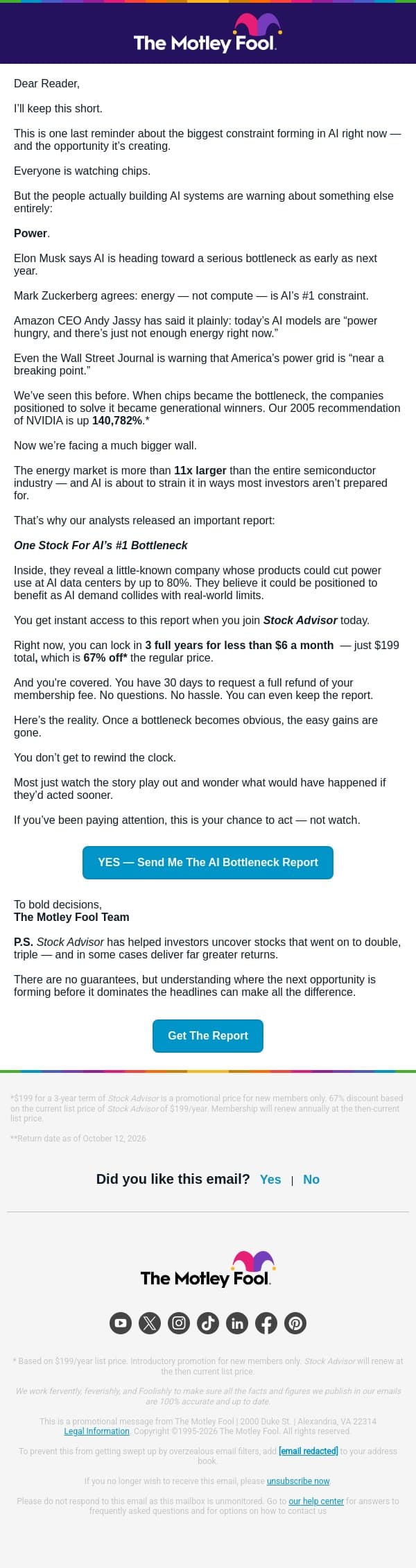One more thing about AI’s power problem email from The Motley Fool screenshot