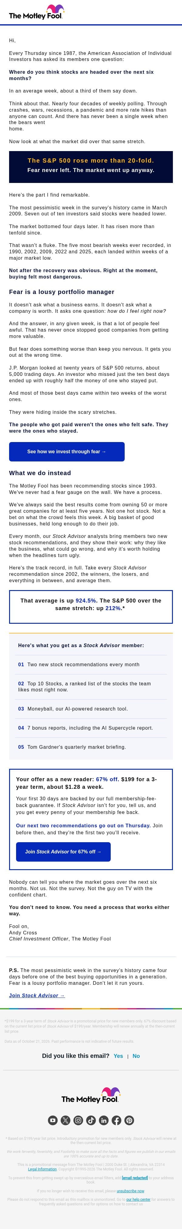 Fear is a lousy portfolio manager email from The Motley Fool screenshot
