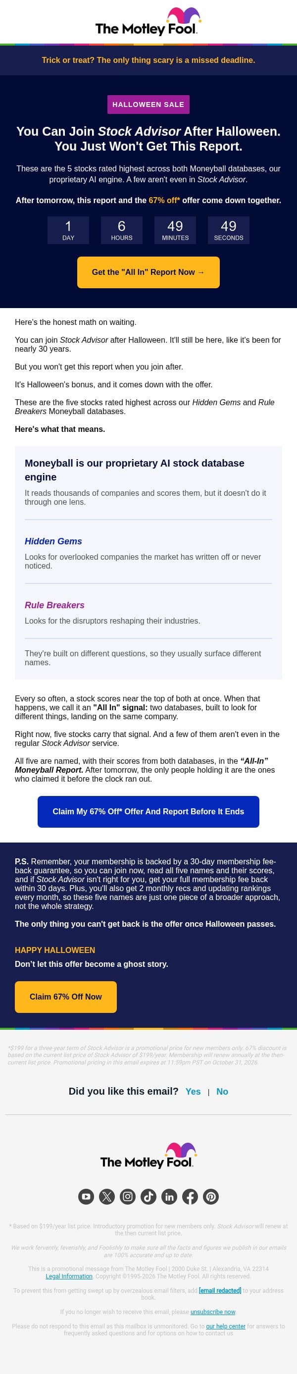 Halloween Sale: 67% off + the report regular members can’t see email from The Motley Fool screenshot