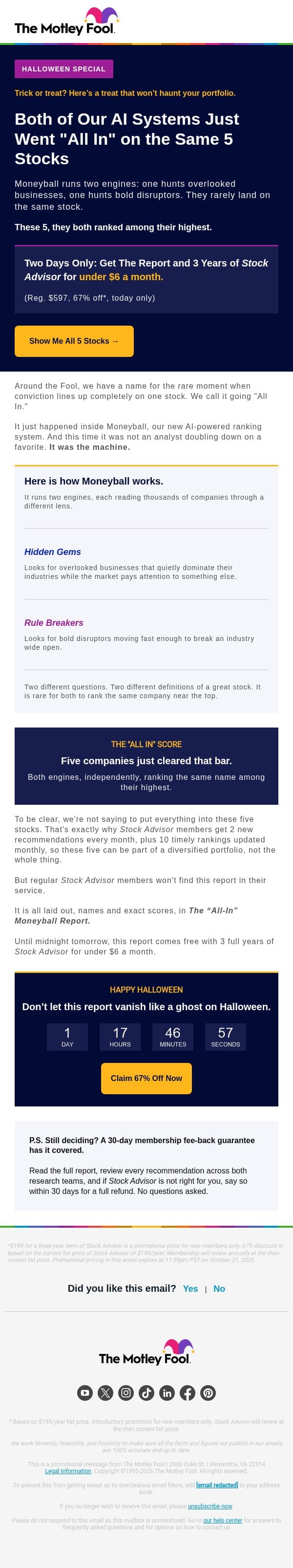Halloween Sale: 67% Off + The “All In” Report email from The Motley Fool screenshot