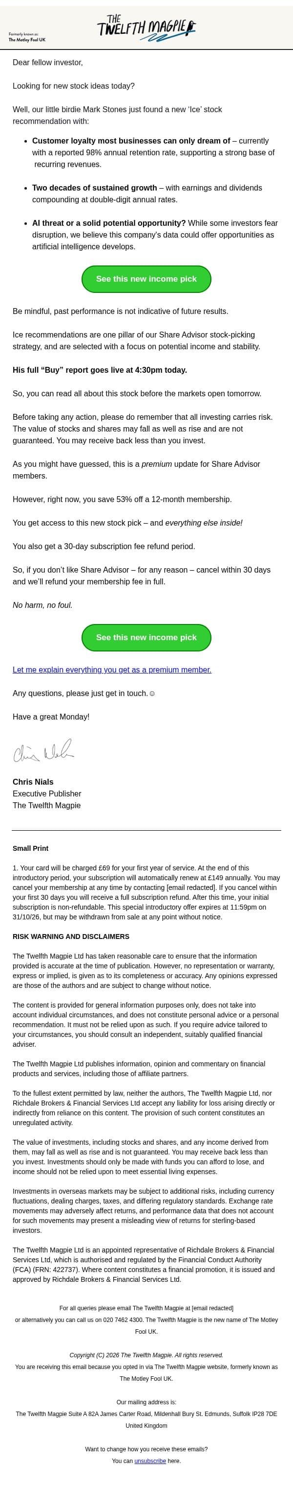 Mark's brand new 'Ice' stock pick email from The Motley Fool screenshot