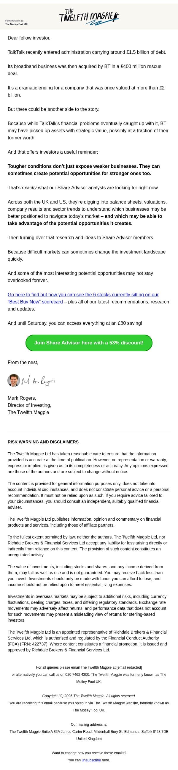One Company’s Crisis. Another’s Potential Opportunity. email from The Motley Fool screenshot