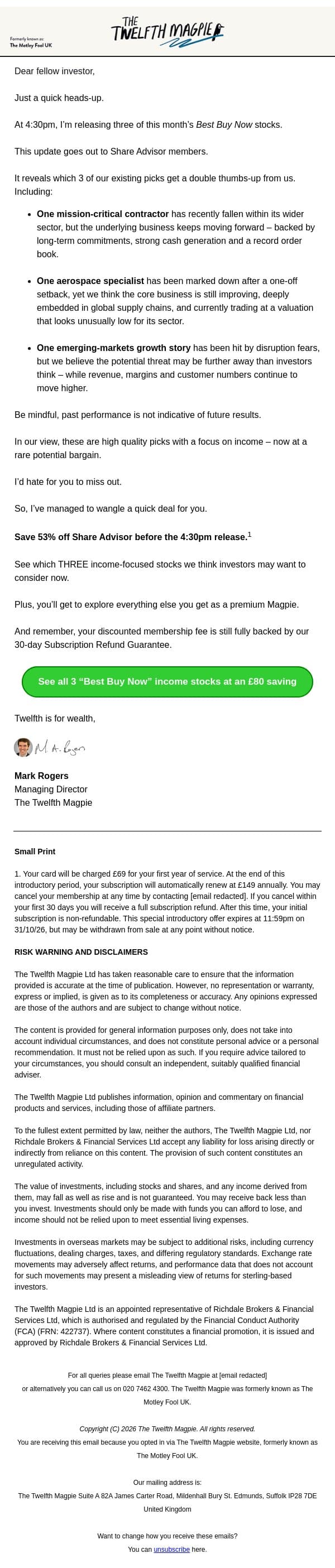 Today: Our 3 Top Income Stocks Revealed email from The Motley Fool screenshot