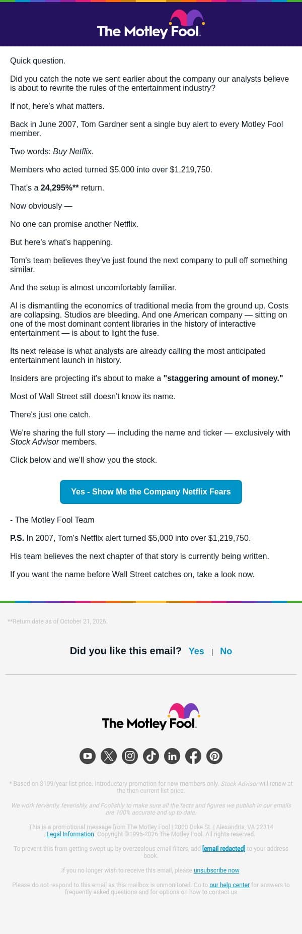 This Could Be Like Buying Netflix in 2007 email from The Motley Fool screenshot