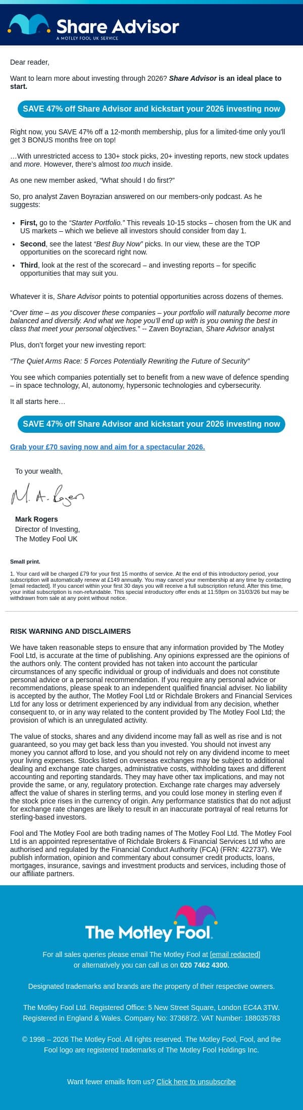 How to Kickstart Your 2026 Investing? email from The Motley Fool screenshot