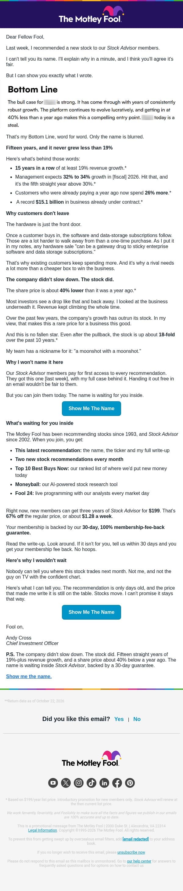 I can't tell you its name. Here's why. email from The Motley Fool screenshot