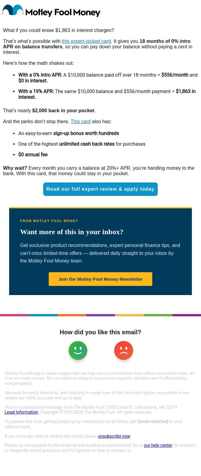 Save $1,863 in credit card interest 💸 email from The Motley Fool screenshot