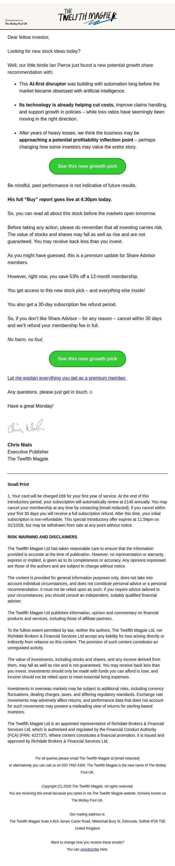 Ian's brand new growth share pick email from The Motley Fool screenshot