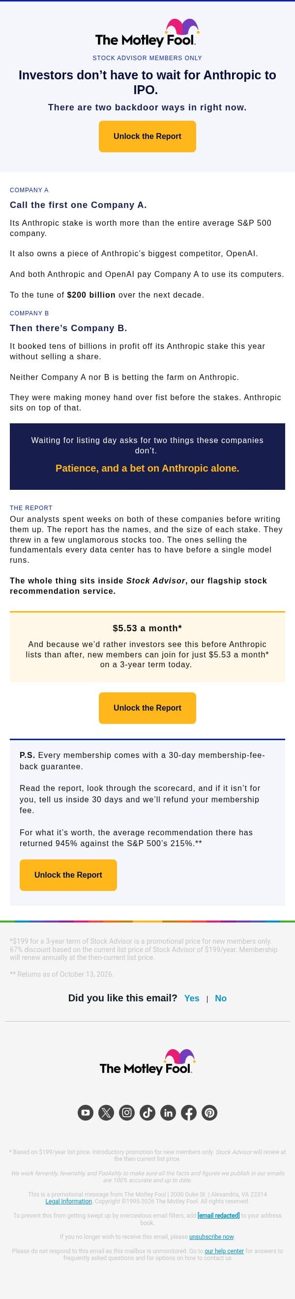 Thinking about Anthropic’s IPO? email from The Motley Fool screenshot