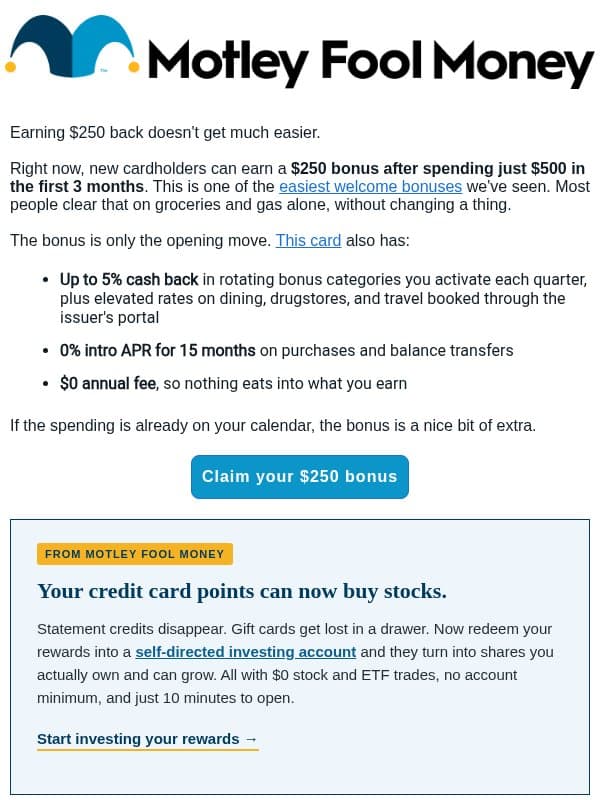 The easiest welcome bonus we’ve seen lately email from The Motley Fool