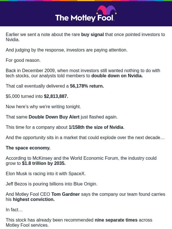 Tom Gardner's highest-conviction stock email from The Motley Fool