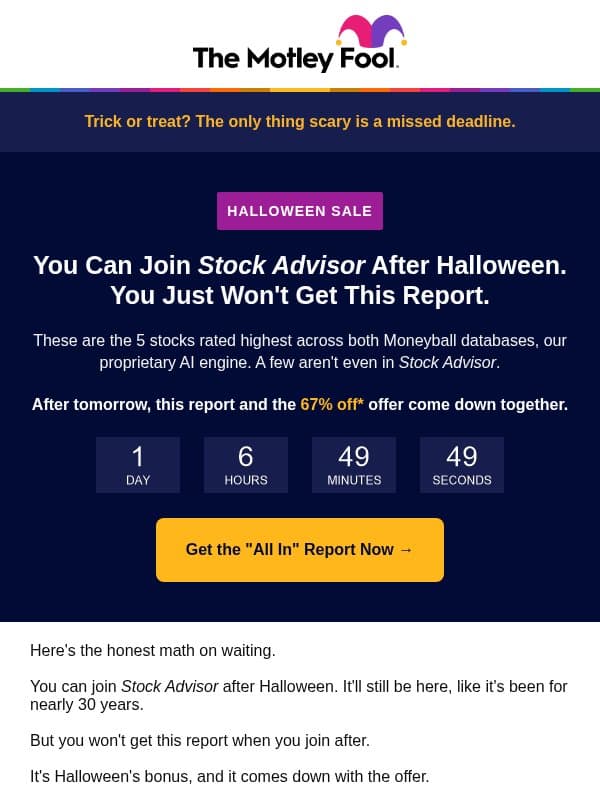 Halloween Sale: 67% off + the report regular members can’t see email from The Motley Fool