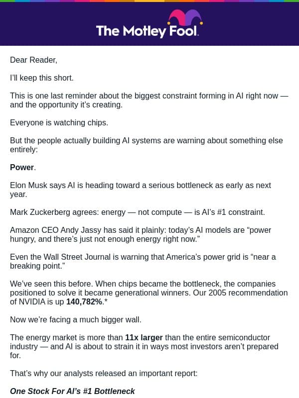 One more thing about AI’s power problem email from The Motley Fool