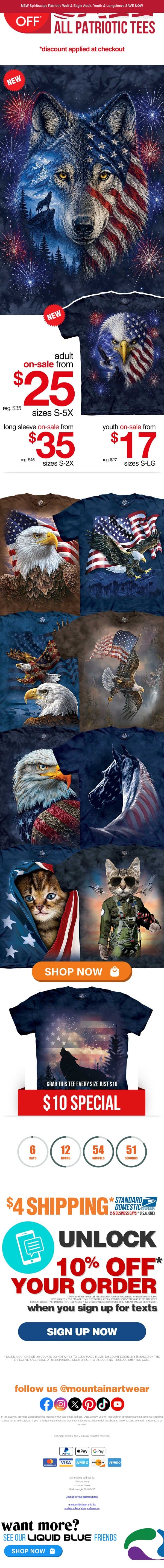 Memorial Day Sales Event $10 OFF All Patriotic Tees! email from The Mountain screenshot