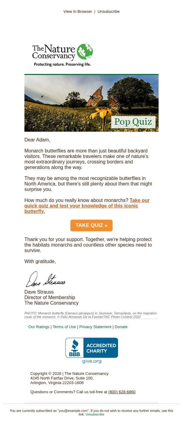 Why are monarchs orange and black? email from The Nature Conservancy screenshot