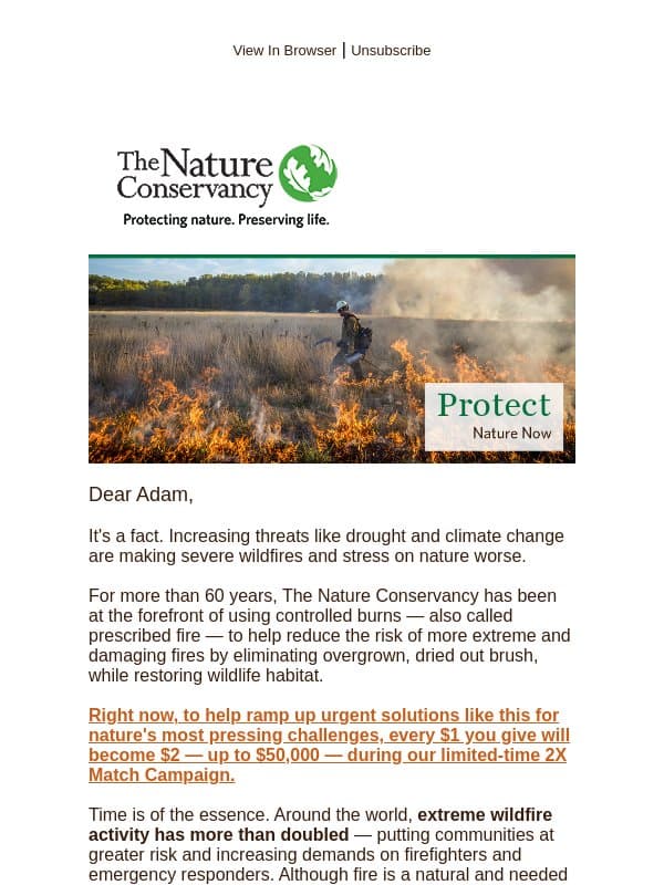 As wildfire risks rise, nature needs your help email from The Nature Conservancy