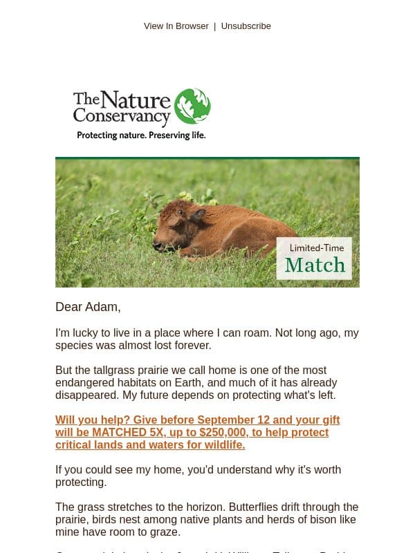 Adam, will you help protect my prairie? email from The Nature Conservancy