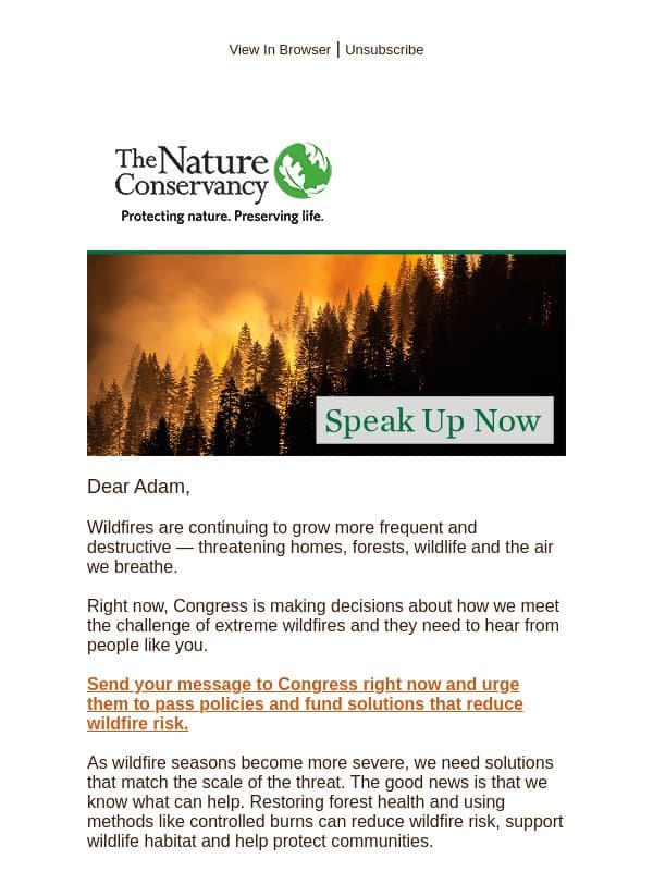 Wildfires are growing worse — speak up today email from The Nature Conservancy