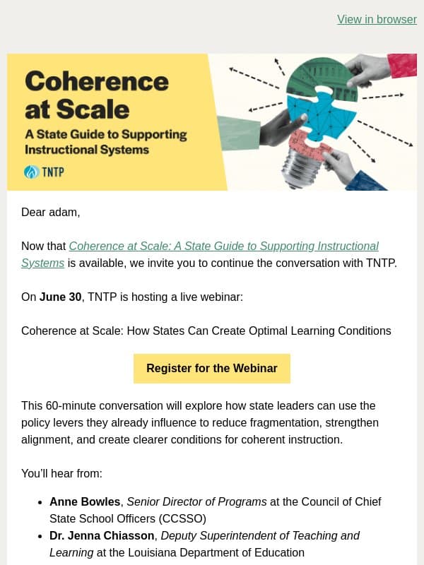 Live Conversation: What It Takes to Build Coherence at Scale email from The New Teacher Project (TNTP)