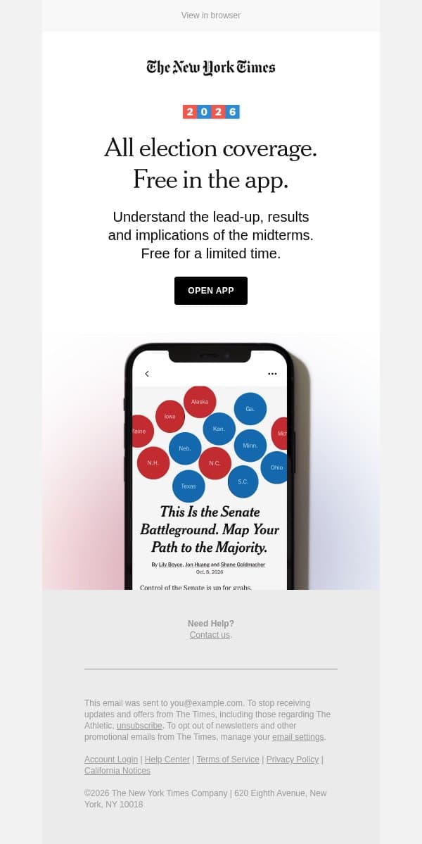 Limited time: Free election coverage in the app. email from The New York Times screenshot