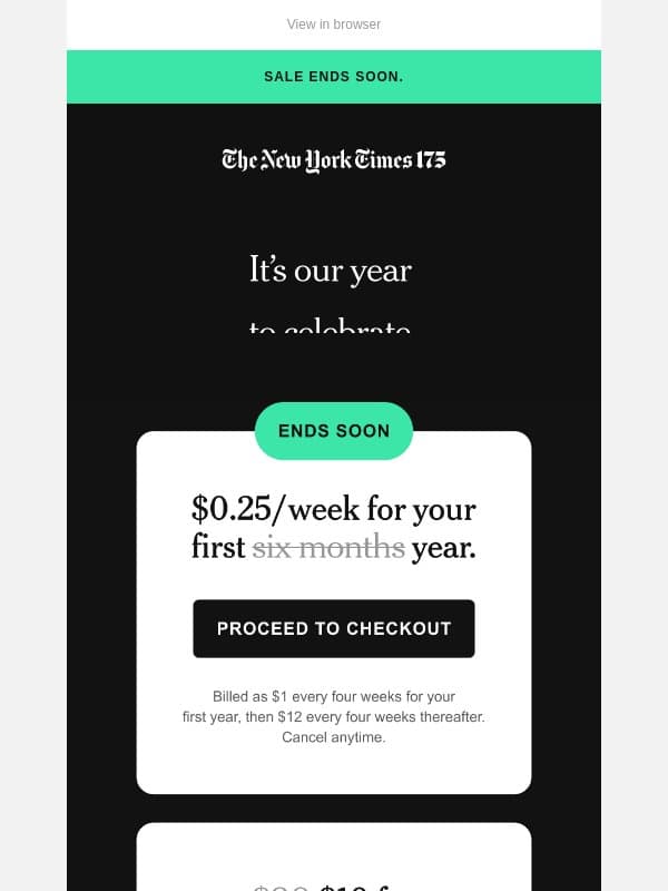 Ends soon: The Anniversary Sale. $0.25 a week. email from The New York Times