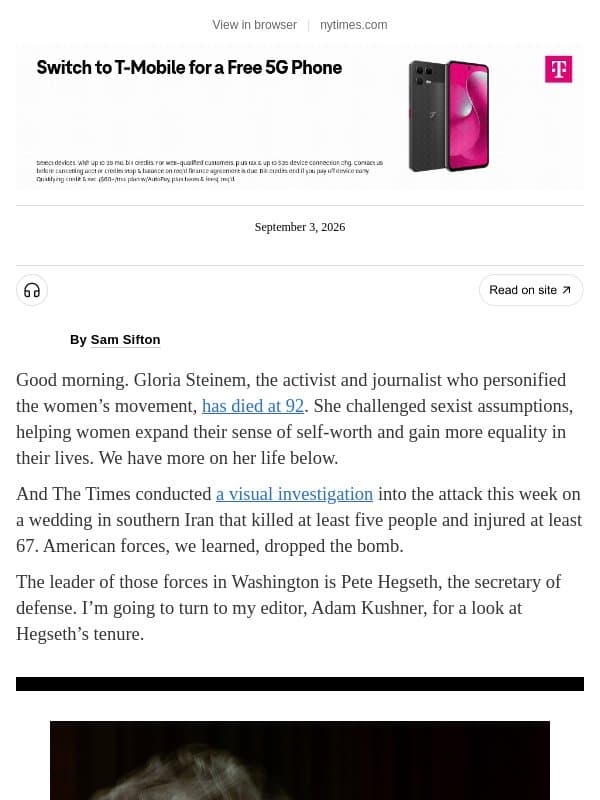 The Morning: Secretary of war email from The New York Times
